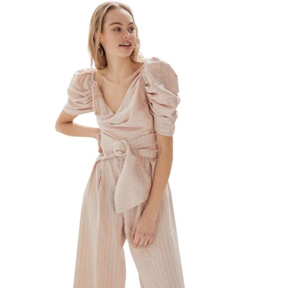 C/meo Collective Through You Belted Puff Sleeve Wide Leg Stripe Jumpsuit 4 NWT - Picture 2 of 11